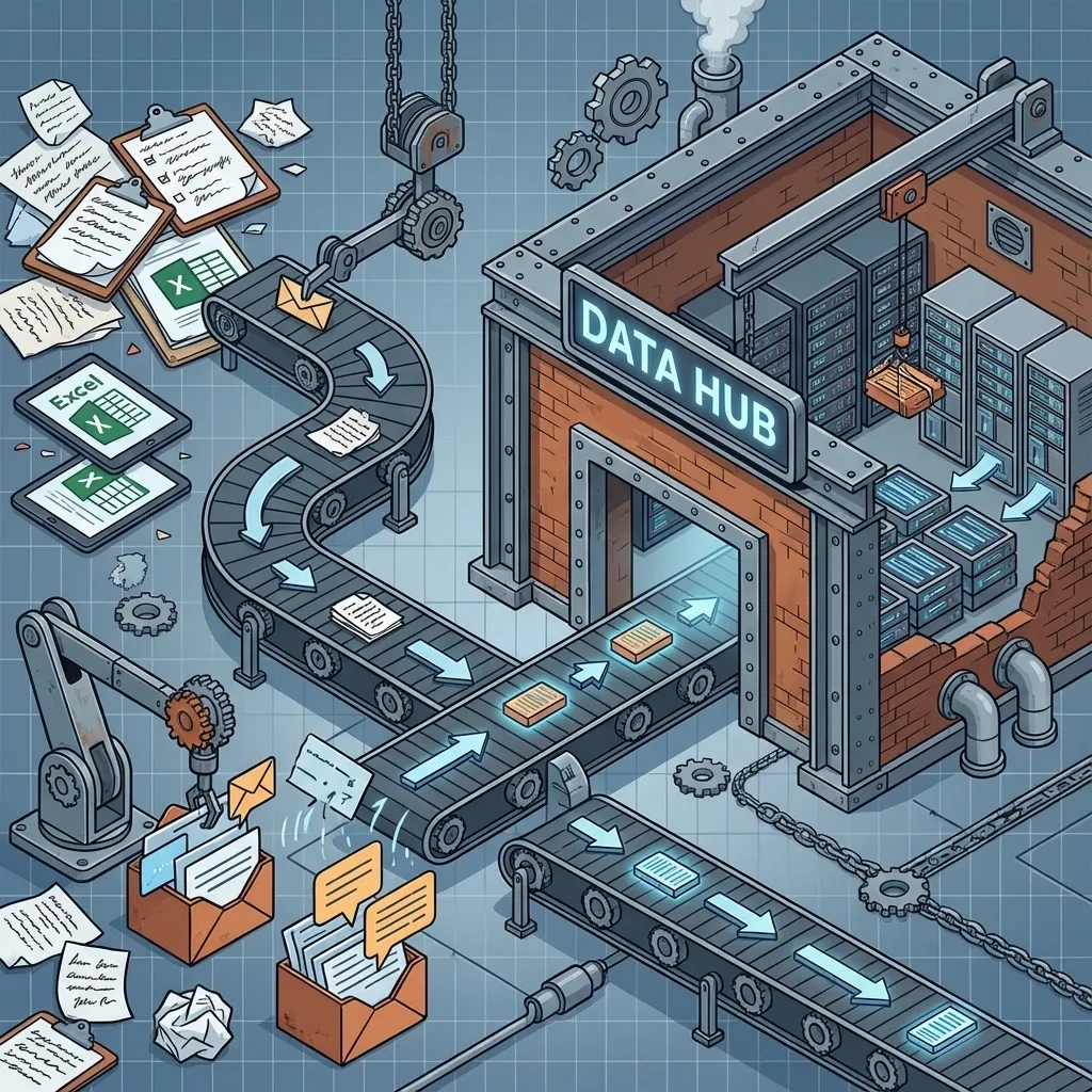 Illustration of scattered reports and spreadsheets feeding into one central data hub
